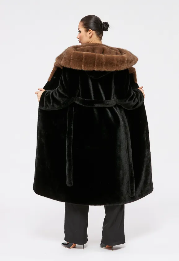 Фото Шуба из эко норки черная с капюшоном - 8