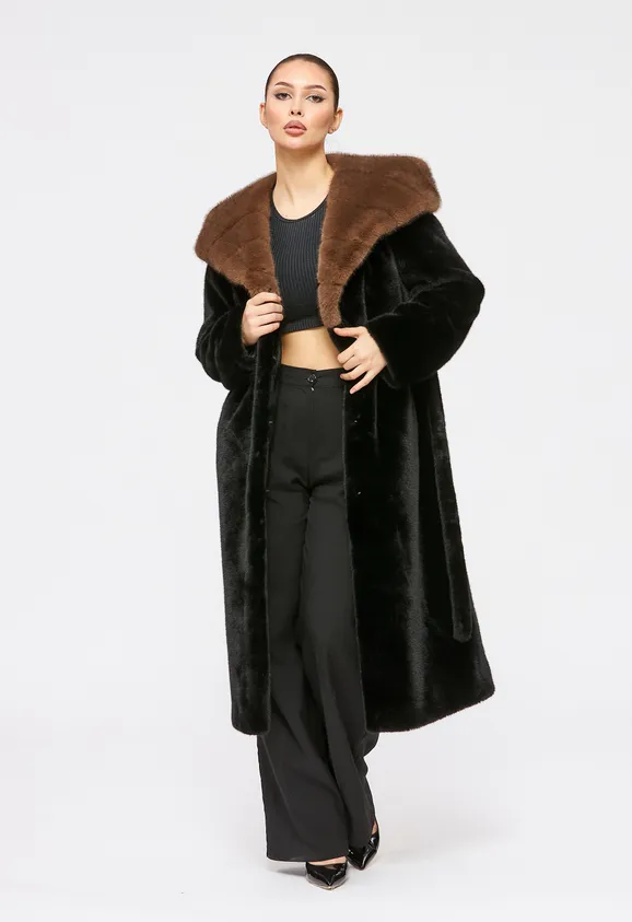 Фото Шуба из эко норки черная с капюшоном - 4
