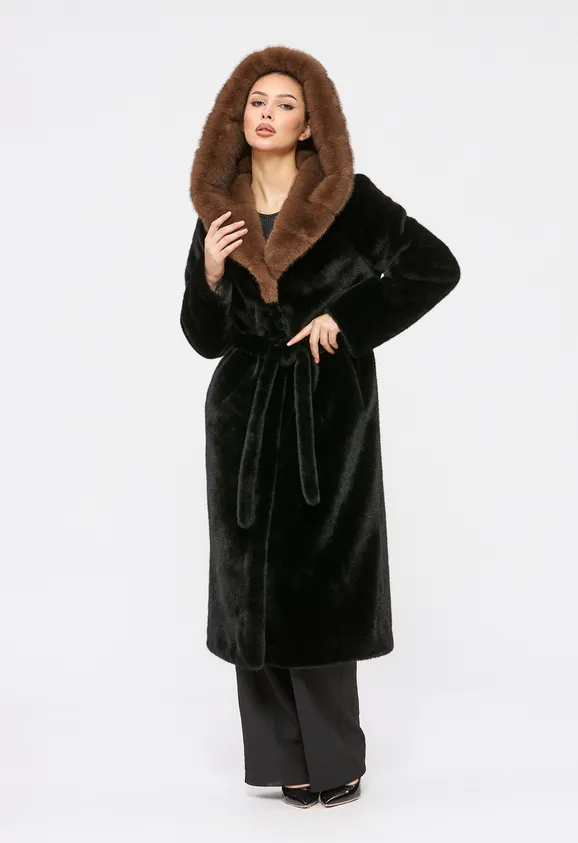 Фото Шуба из эко норки черная с капюшоном - 2