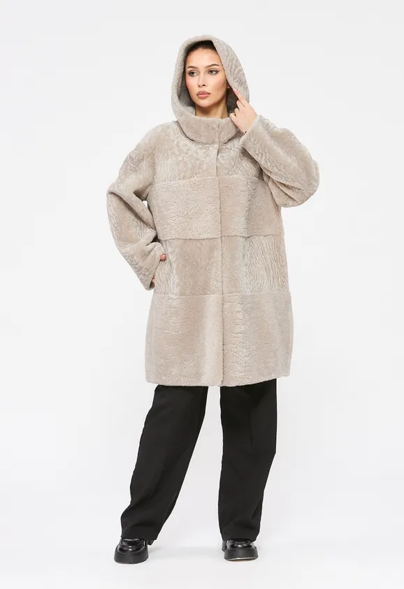 Фото Шуба из натурального астрагана жемчуг с капюшоном - 5