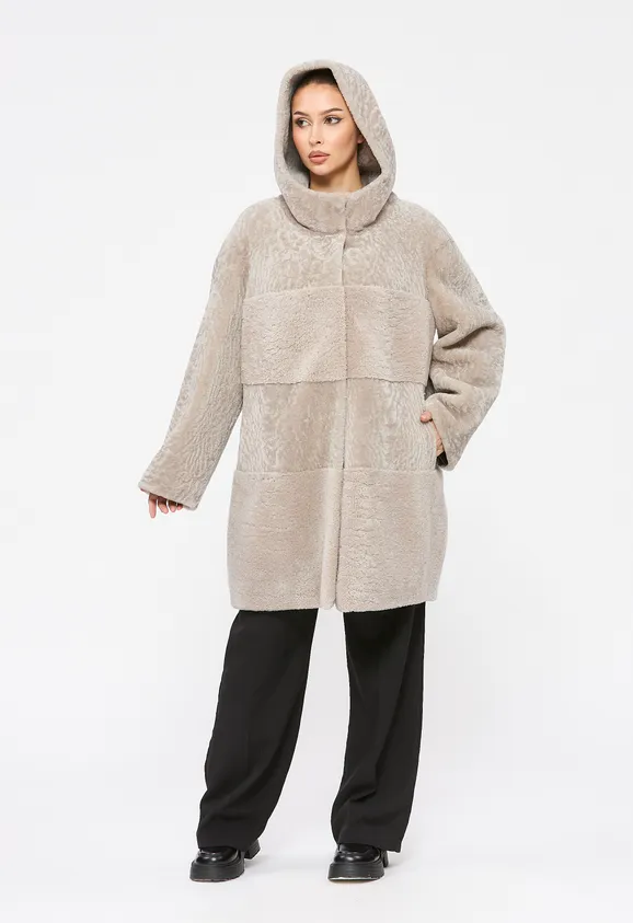 Фото Шуба из натурального астрагана жемчуг с капюшоном - 9