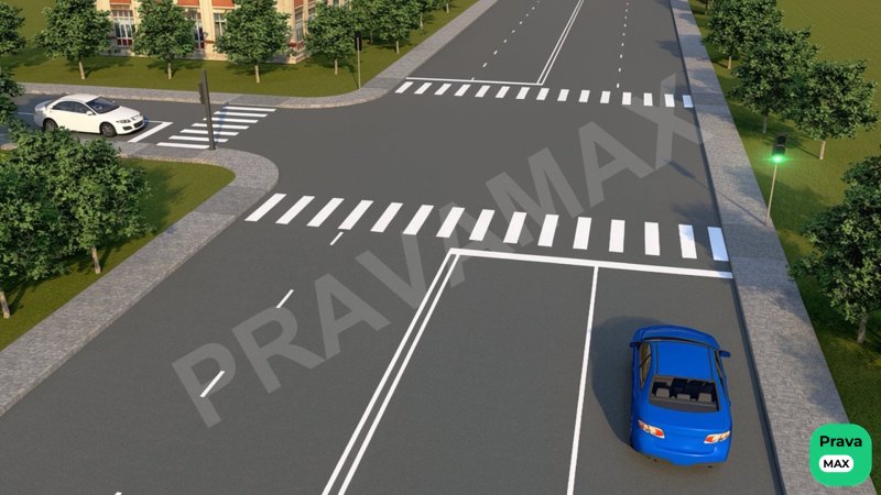 Transport vositasining haydovchisi oldida "To‘xtash chizig‘i" chizilgan va svetoforning yashil ishorasi yoniq bo‘lgan c…
