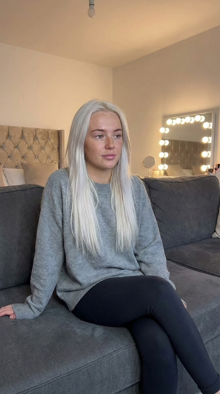 Молодая женщина в интерьере спальни: светлая кожа и платиновый блонд