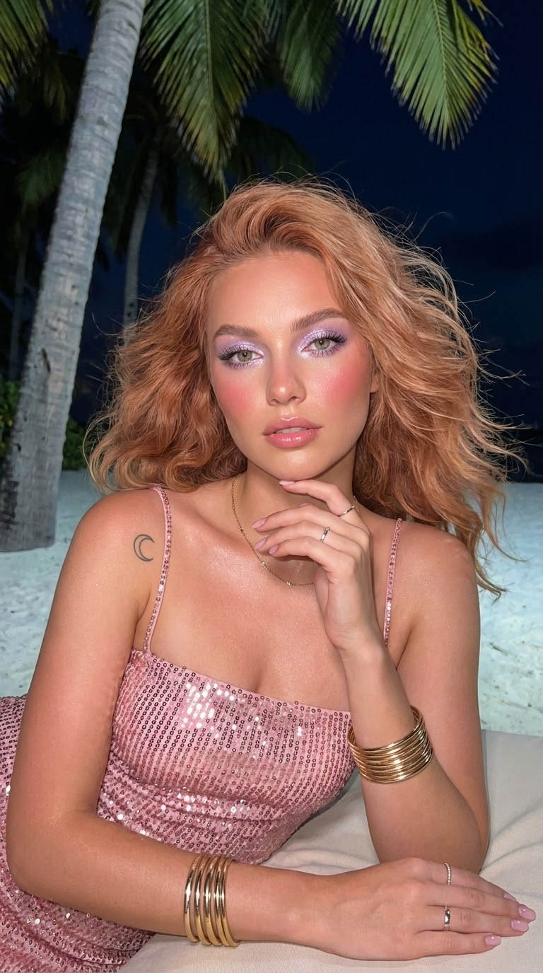 Ночная пляжная съемка софт-глам макияж и образ у воды