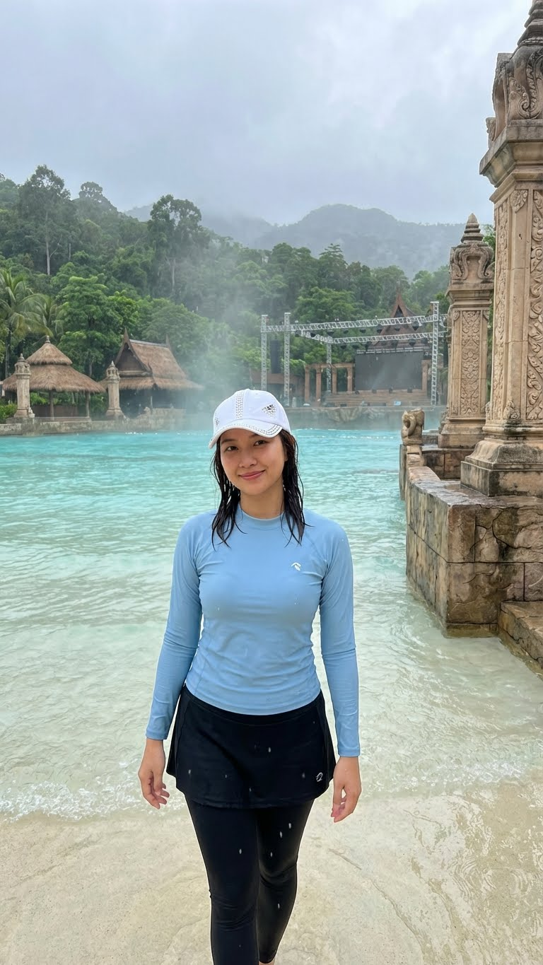 Молодая женщина у волнового бассейна в тропическом парке