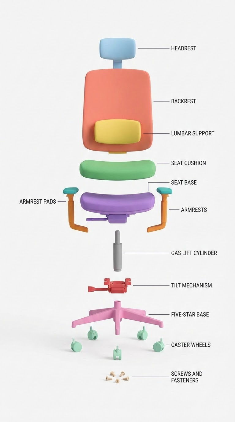 Схема сборки стула: детали стула подписаны