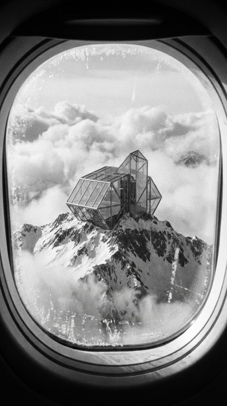 Дом в облаках на вершине горы — черно-белый кадр