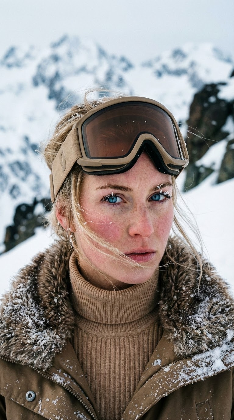 Крупный план лица: кинематографичный портрет лыжницы на снегу