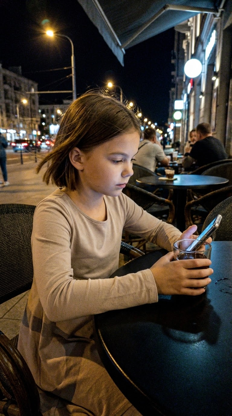 Использование телефона молодой женщины в кафе ночью