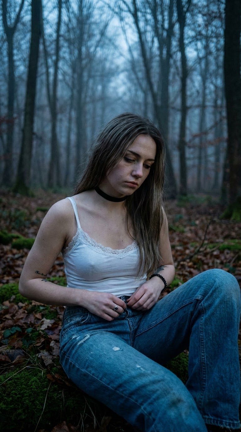 Крупный план лица: эмо гот портрет в лесу осенью