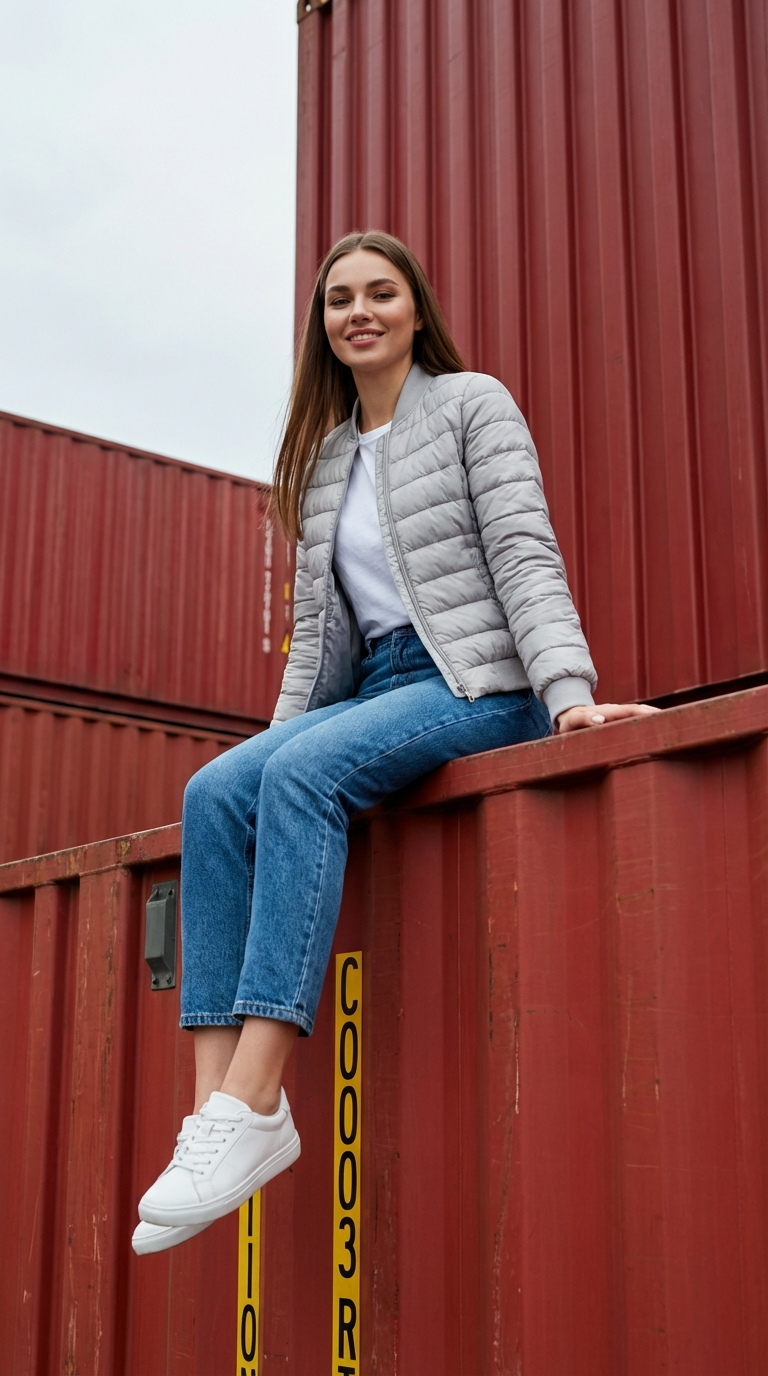 Портрет в порту: уличная модная фотография на красных контейнерах