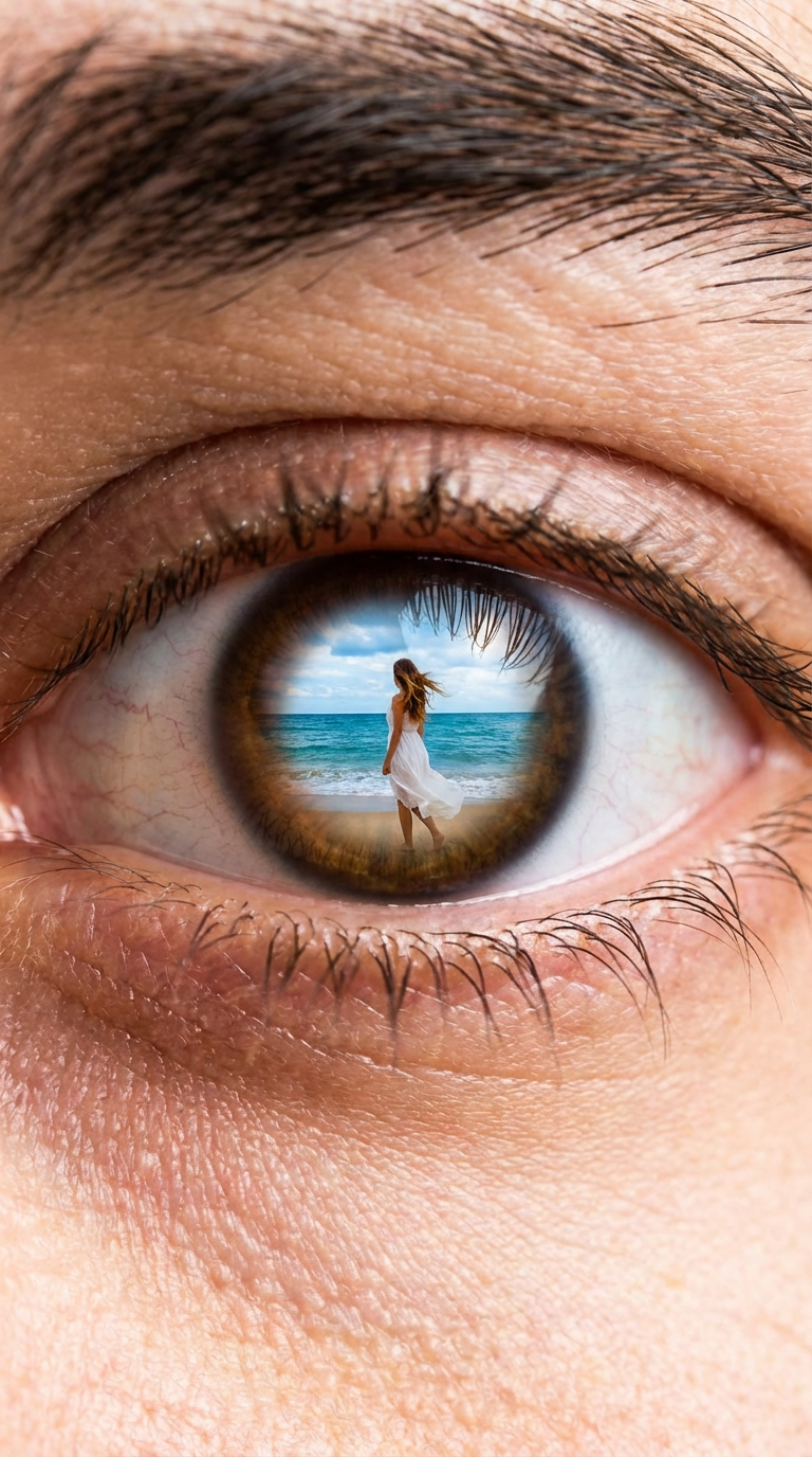 зеркальное отражение глаза: отражение моря в глазах и женщина