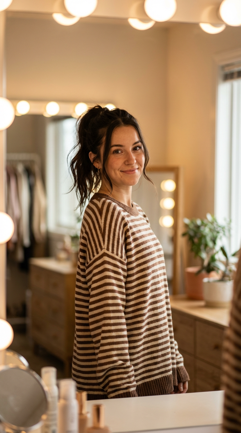 крупный план лица: тёплый свет кадра в домашнем портрете у зеркала