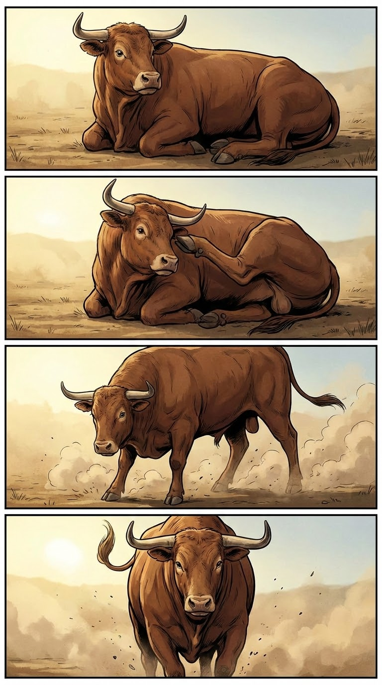 Встаёт на ноги — сцена с быком: напряжённый момент