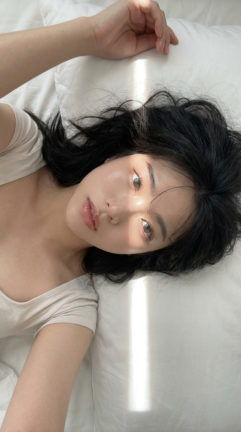 Длинные ресницы: крупный план лица восточноазиатский портрет на кровати