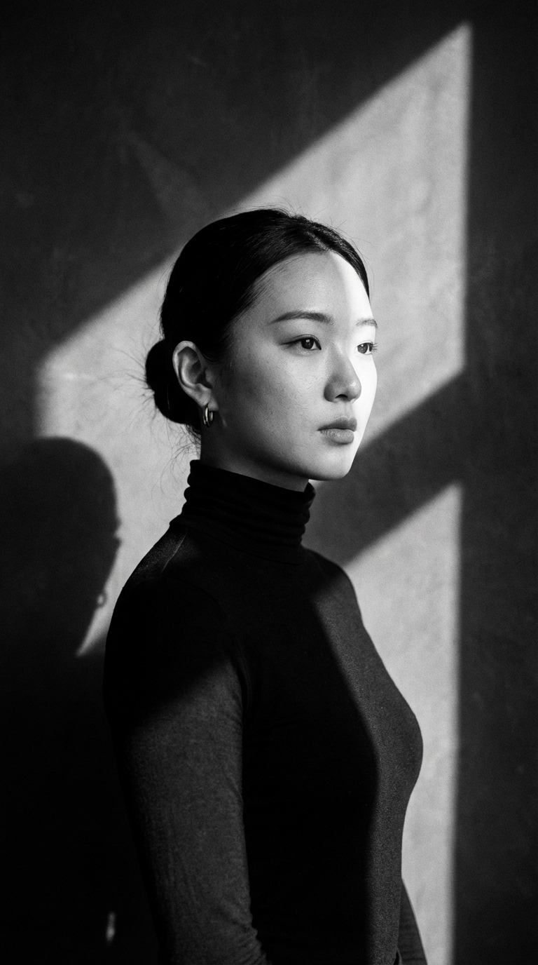 Крупный план лица: кинематографичный портрет девушки в студии