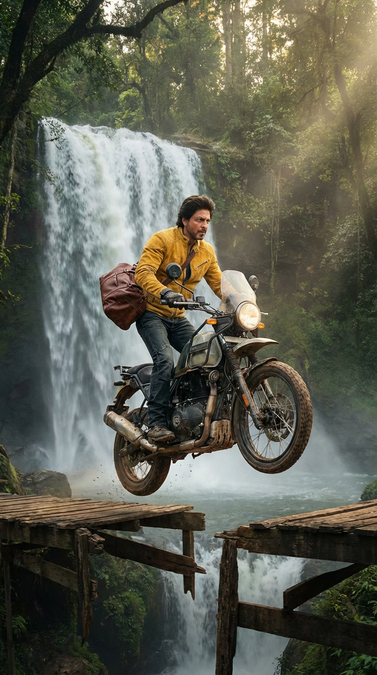 Кожаная куртка и джинсы: эпичный прыжок мотоцикла через разрушенный мост в лесу