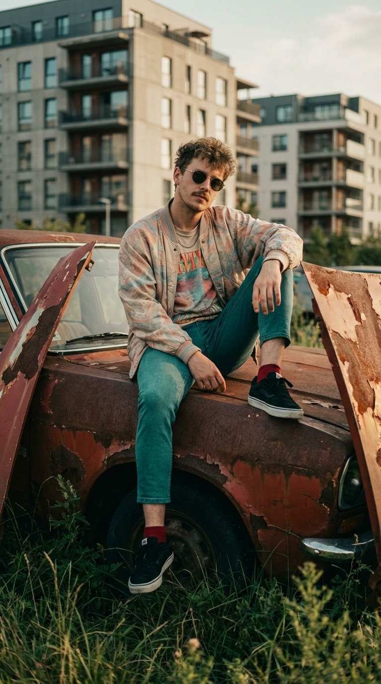 Крупный план лица: портрет на ржавом авто в золотой час