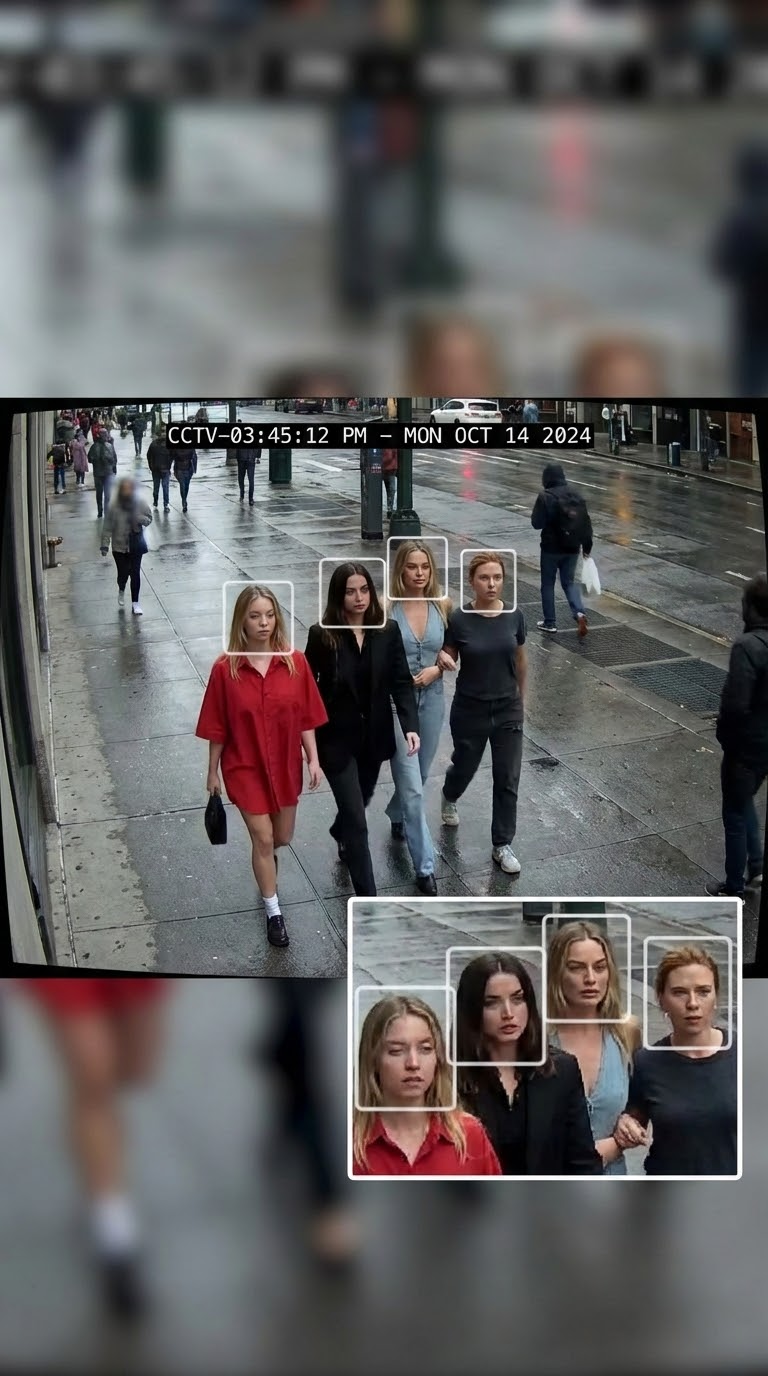 Фокус на лицах CCTV кадр на улице с приглушённым освещением