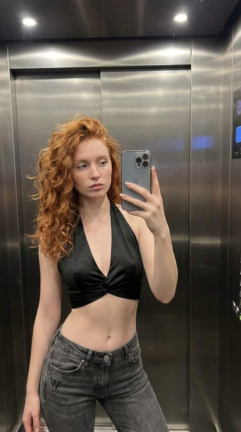 Коричневые рыжие волосы: модное селфи в лифте