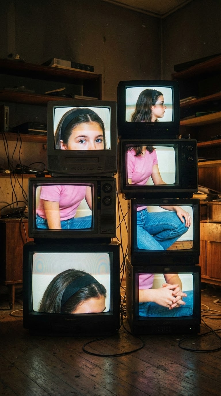 главный источник света кадр с профилем девушки в винтажных CRT-телевизорах