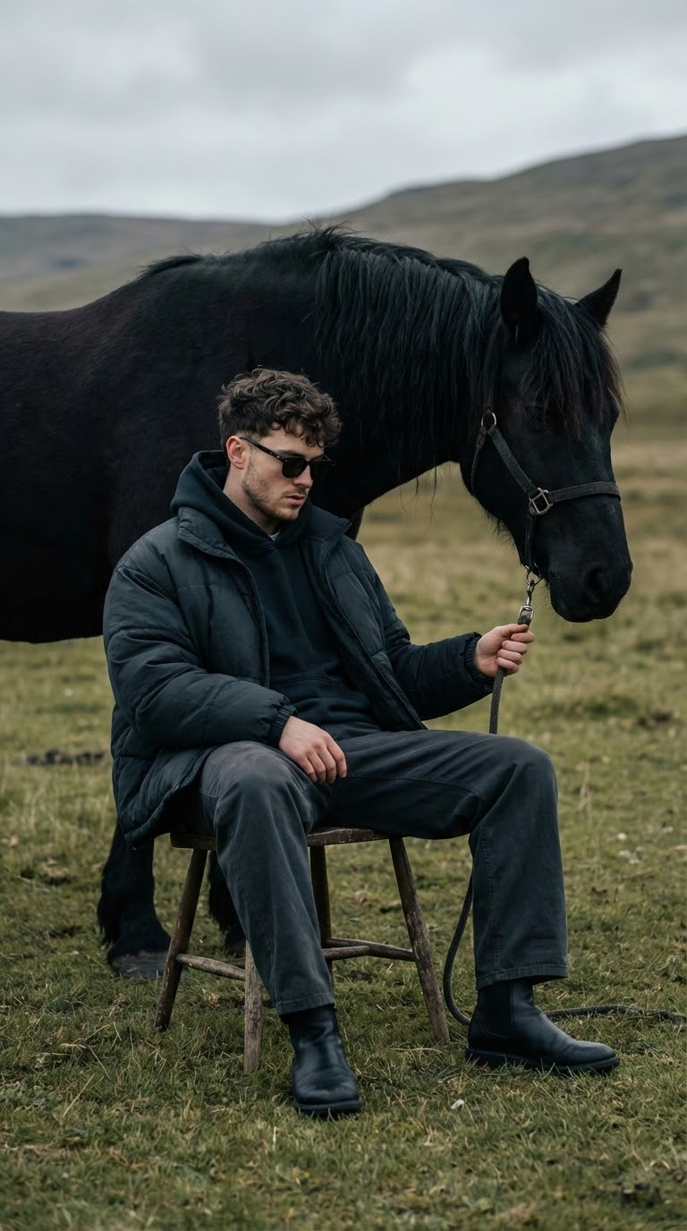 чёрно-белый фотостиль: мужчина с лошадью на поле