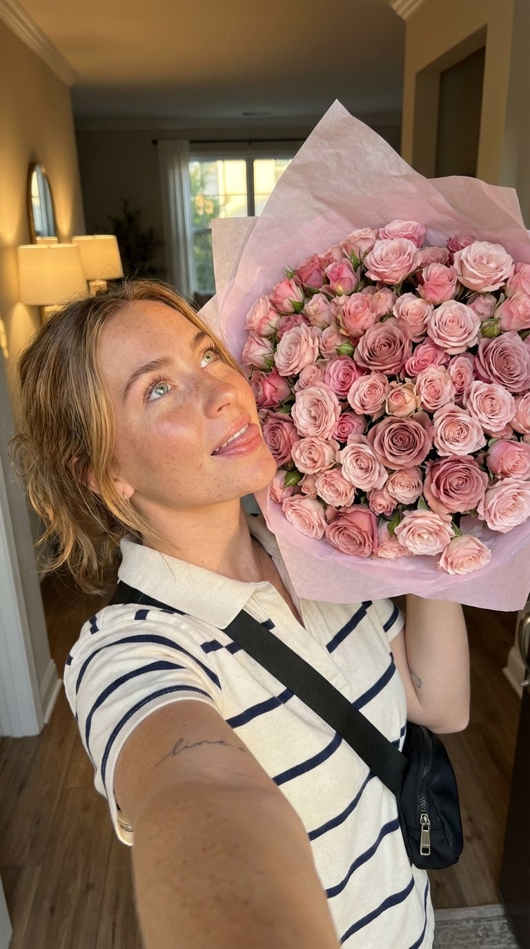 Крупный план лица: селфи дома с огромным букетом роз
