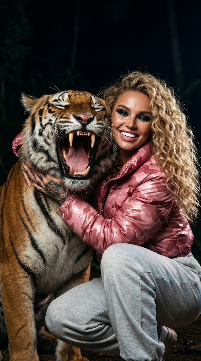 Лицо женщины крупный план: ночная фотосессия тигра