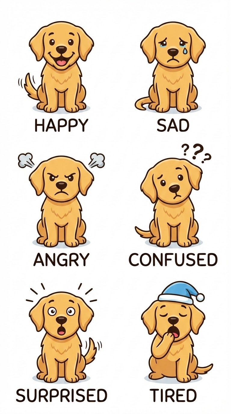 щенок устал и щенок счастлив: мультяшный щенок эмоции