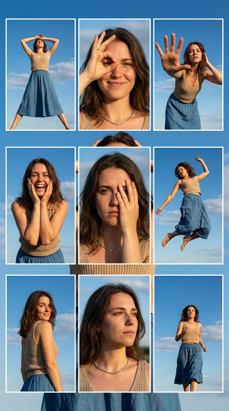 9 поз в сетке: стильный 3x3 коллаж поз для модной фотосессии