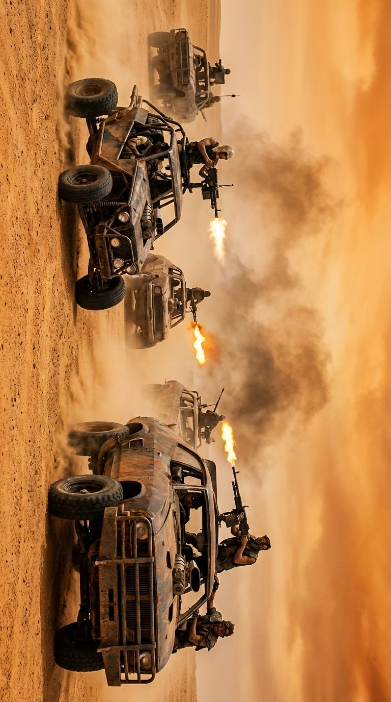 оружие и пыль: постапокалиптический конвой в пустыне