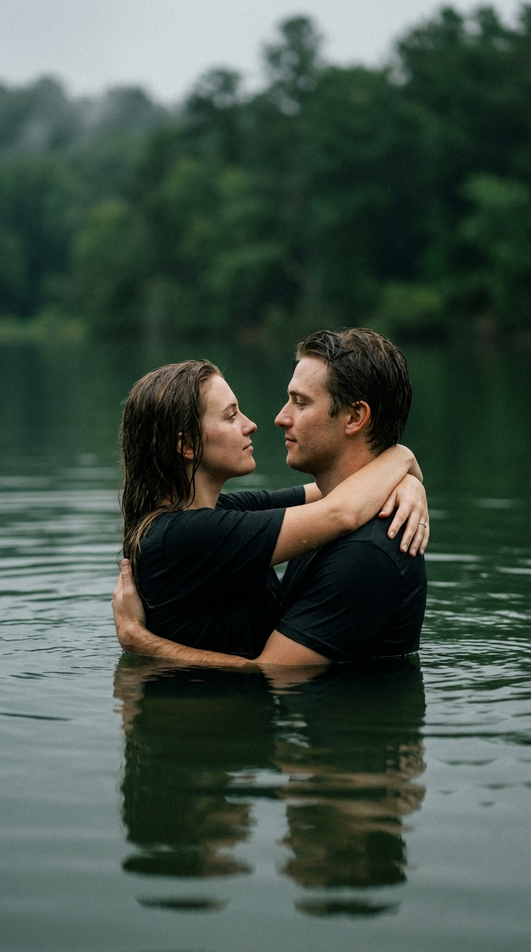 лица крупным планом интимный кадр пары у озера в воде