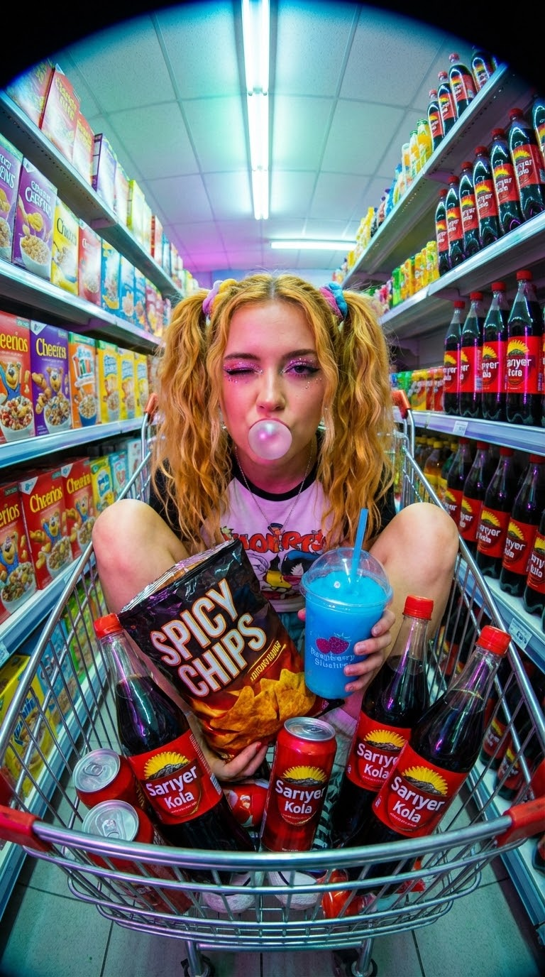 Динамичный POV кадр в супермаркете: неон и витрины