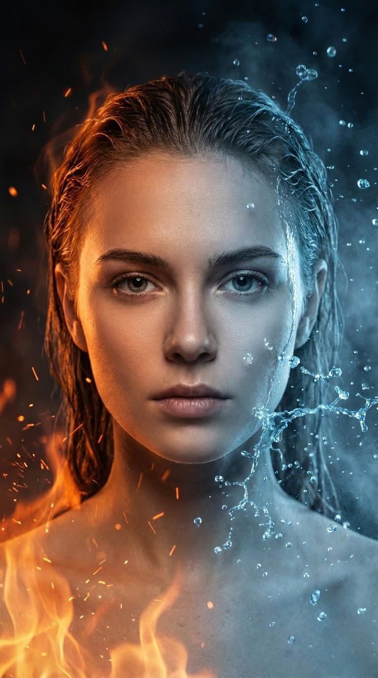 Огонь и вода гиперреалистичный портрет с мокрыми волосами