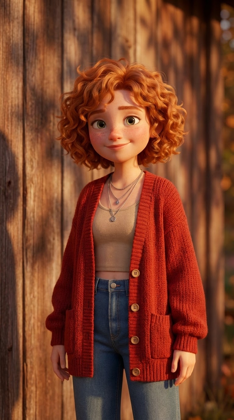 зелёные глаза персонажа 3d Pixar стиль кардиган уют