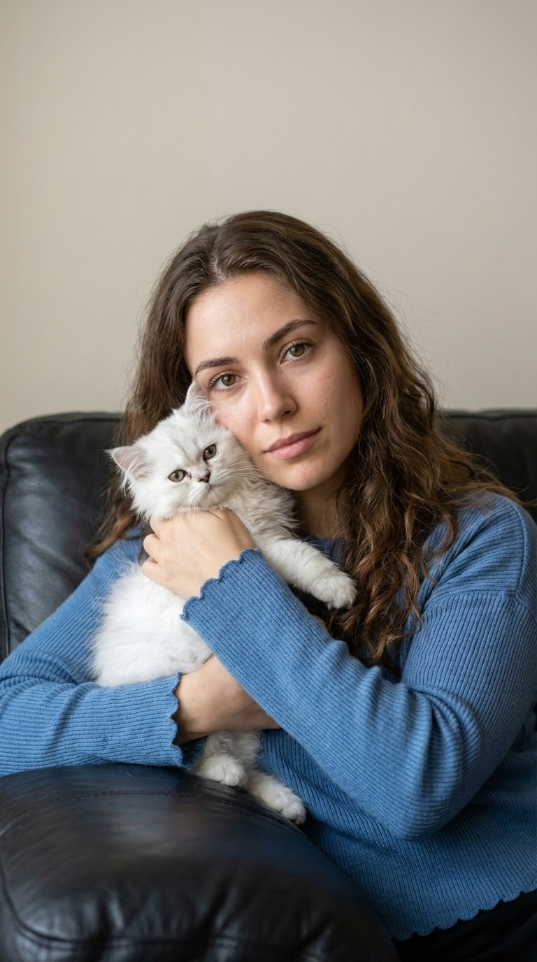 портрет на диване спокойное выражение лица с котом