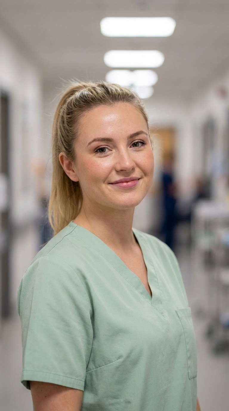 Мягкое освещение портрета и прямой взгляд медсестры в униформе