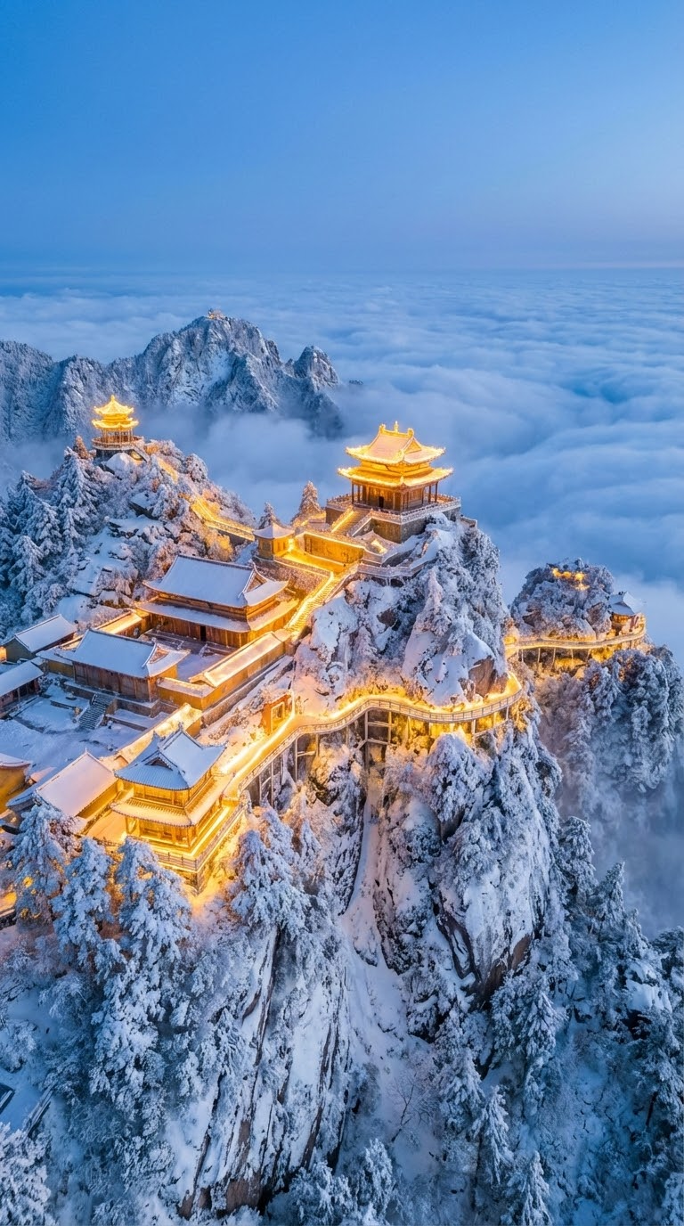 Зимний храм на горе: золотой свет над храмовым комплексом