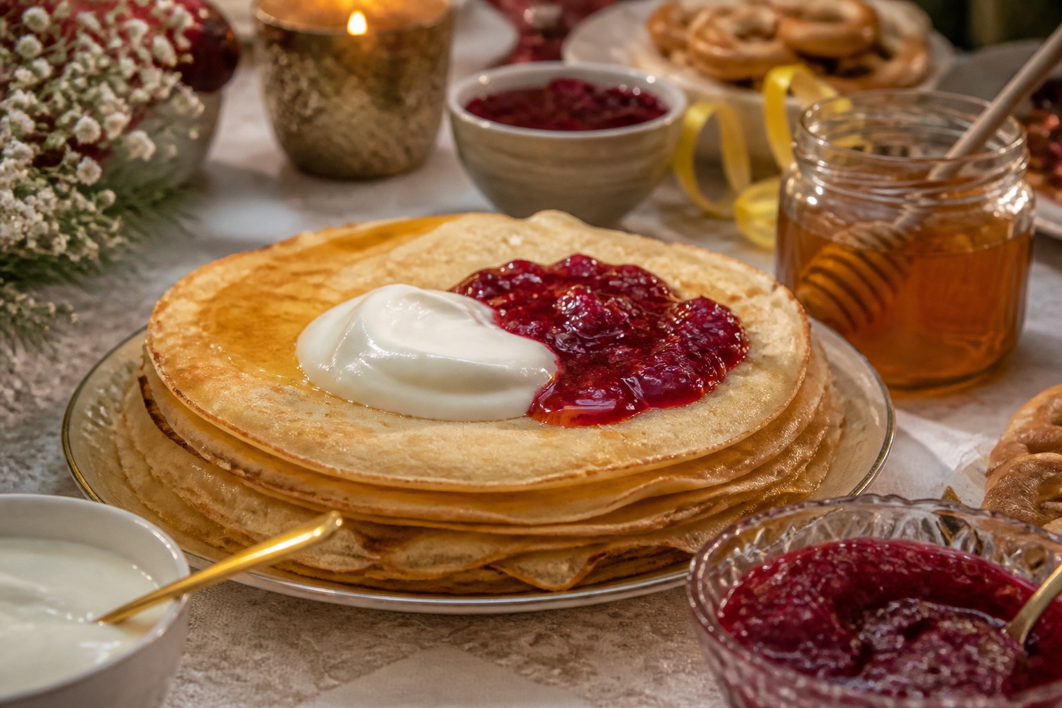 Блины со сметаной, вареньем и мёдом на Масленицу