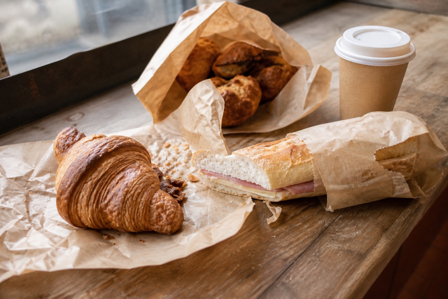 Выпечка French Bakery с собой в дорогу: круассан, багет и кофе