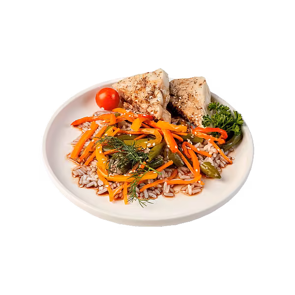 Филе минтая с рисом и овощами
