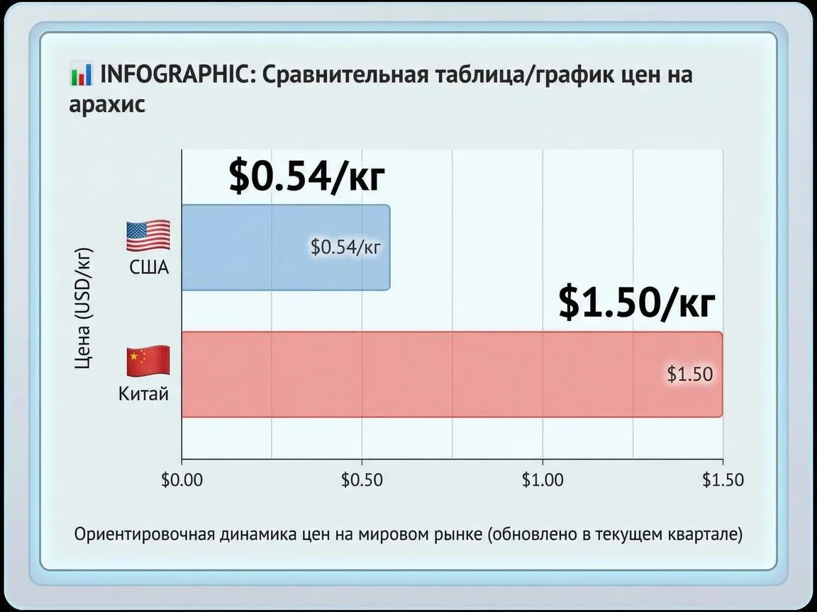 📊 INFOGRAPHIC: Сравнительная таблица/график цен на арахис. Формат: гистограмма или наглядная таблица. Параметры: цены о