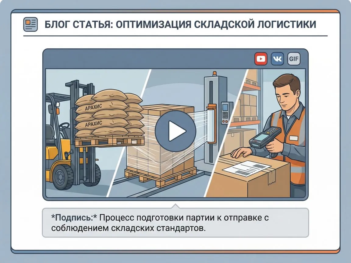 ▶ EMBED: [YouTube/VK/GIF]. Контент: Короткое видео процесса отгрузки на складе: погрузчик берет паллету с мешками арахис