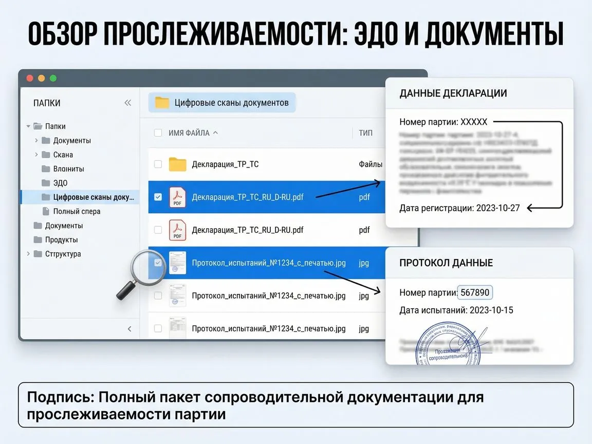 🖥 SCREENSHOT: Интерфейс системы ЭДО или папка с цифровыми сканами документов. Выделить: Декларация ТР ТС, Протокол испы