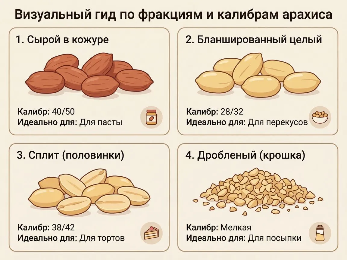 🎨 ILLUSTRATION: Коллаж-сравнение 4 видов арахиса. 1. Сырой в кожуре. 2. Бланшированный целый. 3. Сплит (половинки). 4.