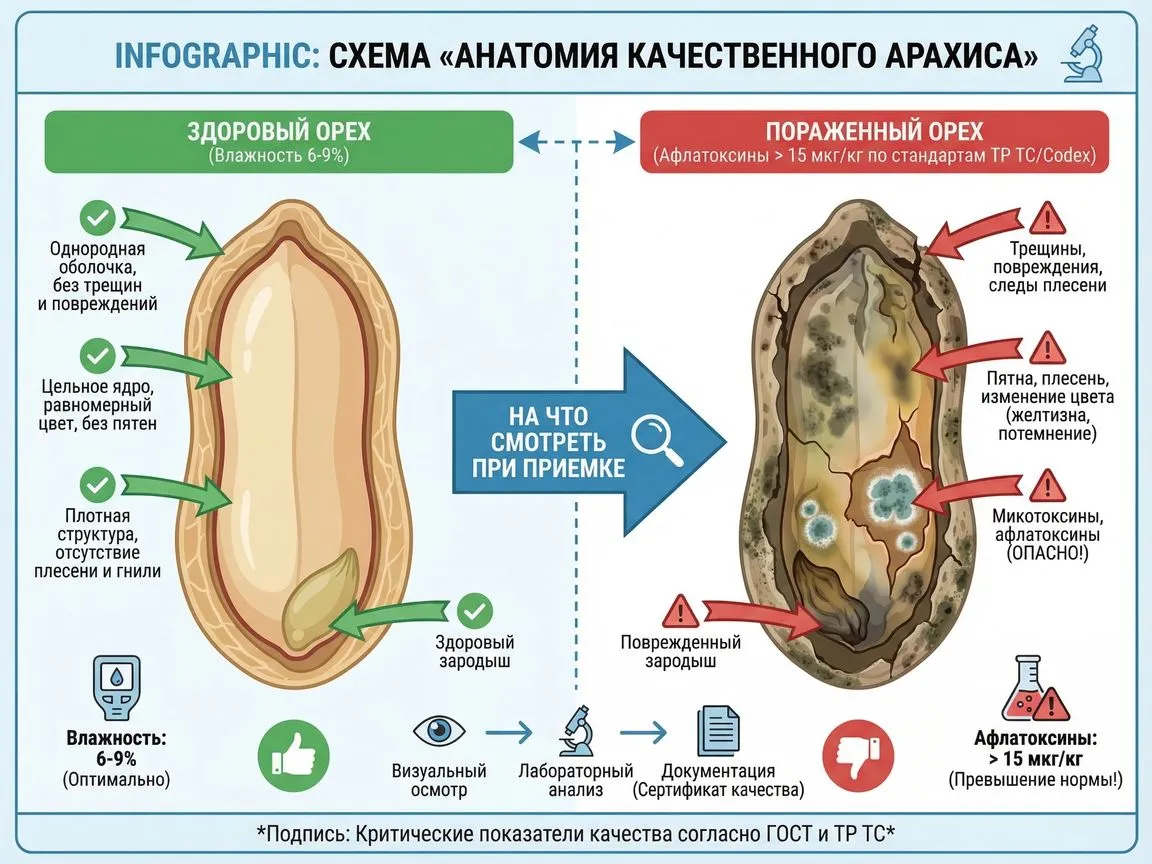 📊 INFOGRAPHIC: Схема "Анатомия качественного арахиса". Слева — здоровый орех (влажность 6-9%). Справа — пораженный (пок