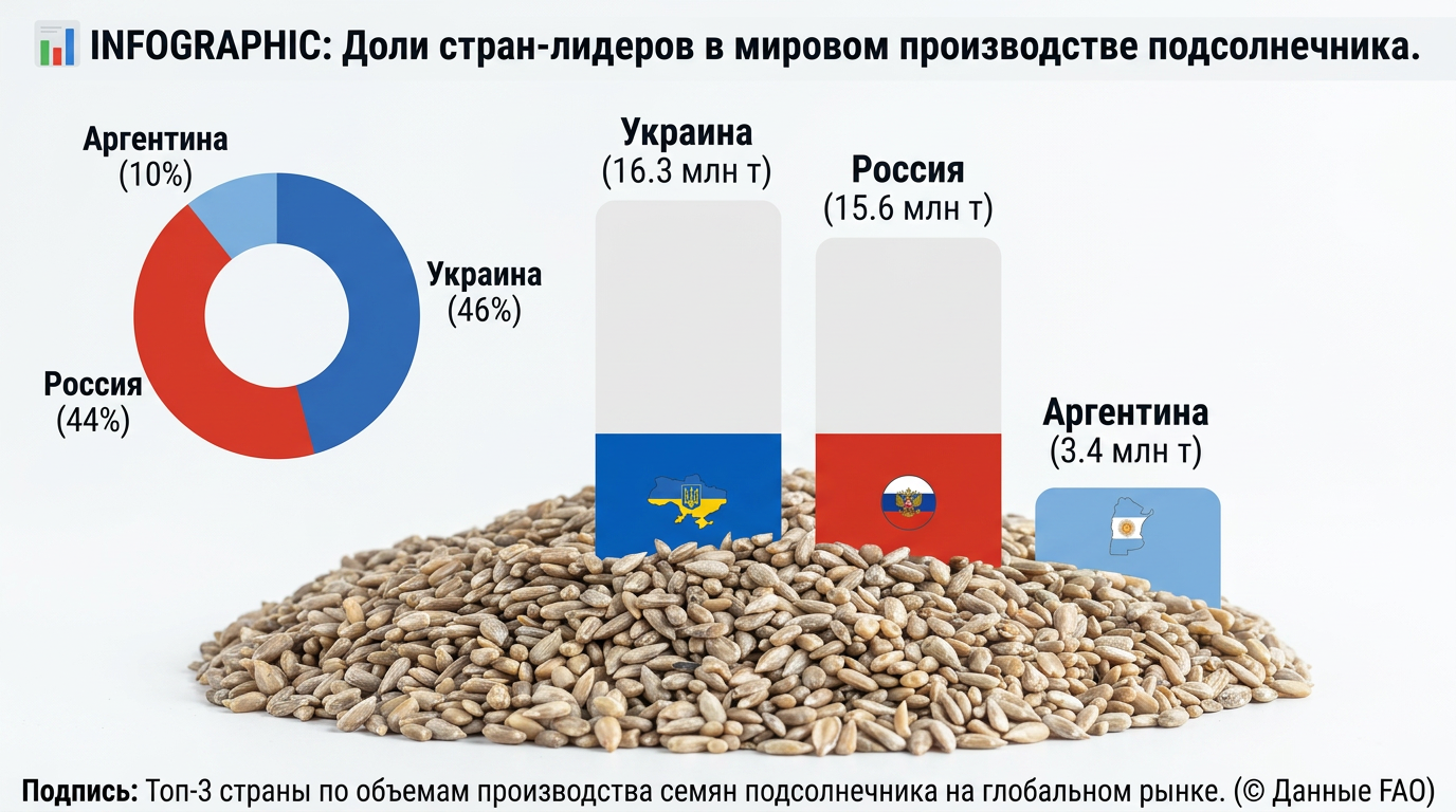📊 INFOGRAPHIC: Доли стран-лидеров в мировом производстве подсолнечника. Формат: круговая диаграмма или тепловая карта.