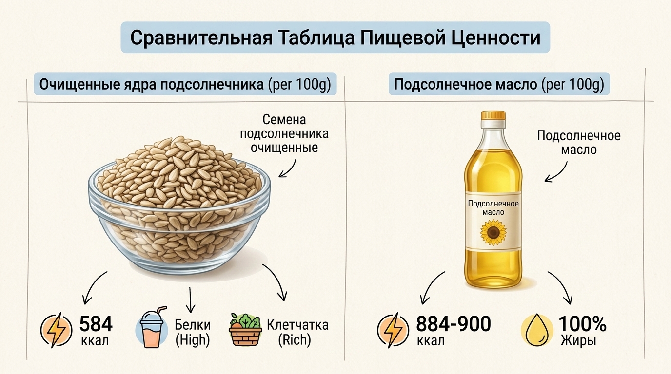 📊 INFOGRAPHIC: Сравнительная таблица пищевой ценности. Формат: таблица с иконками. Параметры: Очищенные ядра (584 ккал,