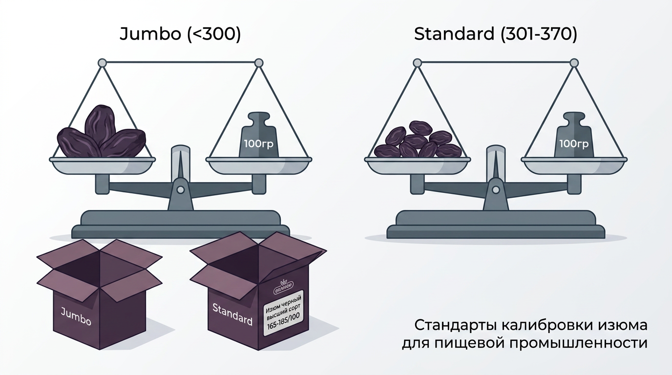 Визуальное сравнение калибровки изюма.