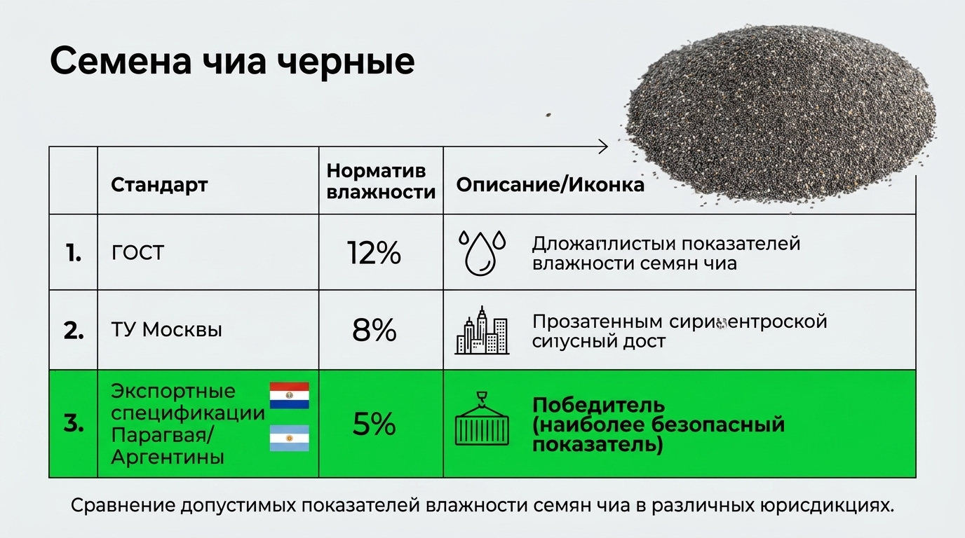 📊 INFOGRAPHIC:** Сравнительная таблица стандартов влажности семян чиа. Формат: минималистичная таблица с иконками. Пара
